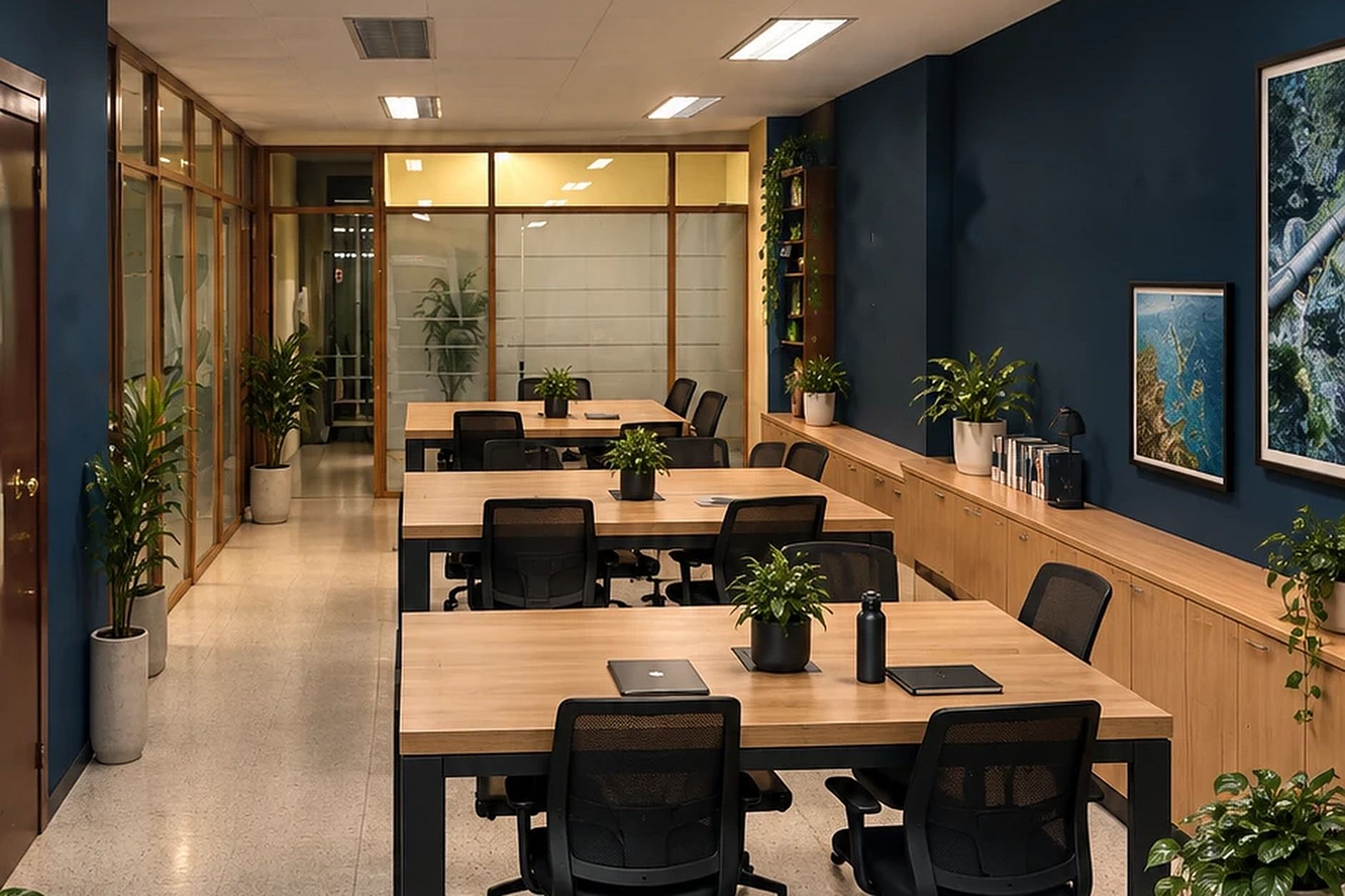 Render orientatiu del coworking d’Arenys de Munt: tres fileres de taules de fusta amb cadires ergonòmiques, plantes i una sala de reunions de vidre al fons.